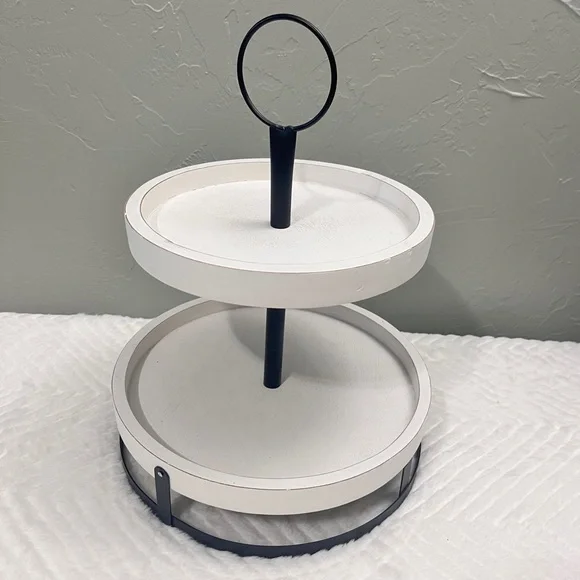 Rustic Wood and Metal Two Tier Tray Stand Hobby Lobby White Farmhouse Decor - Picture 3 of 9